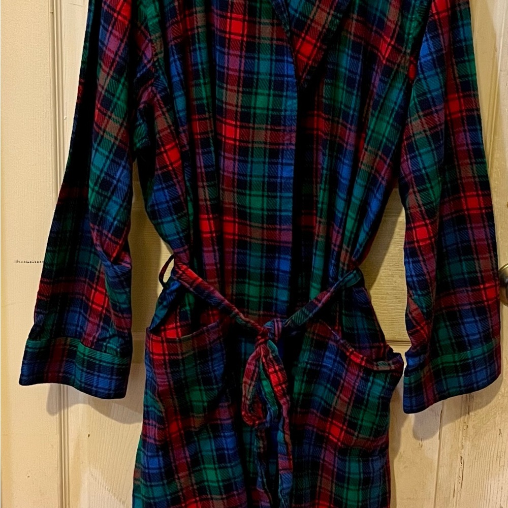 Land's End Bath Robe Men’s LG Navy Blue Plaid 100% Cotton Flannel Pockets Belt